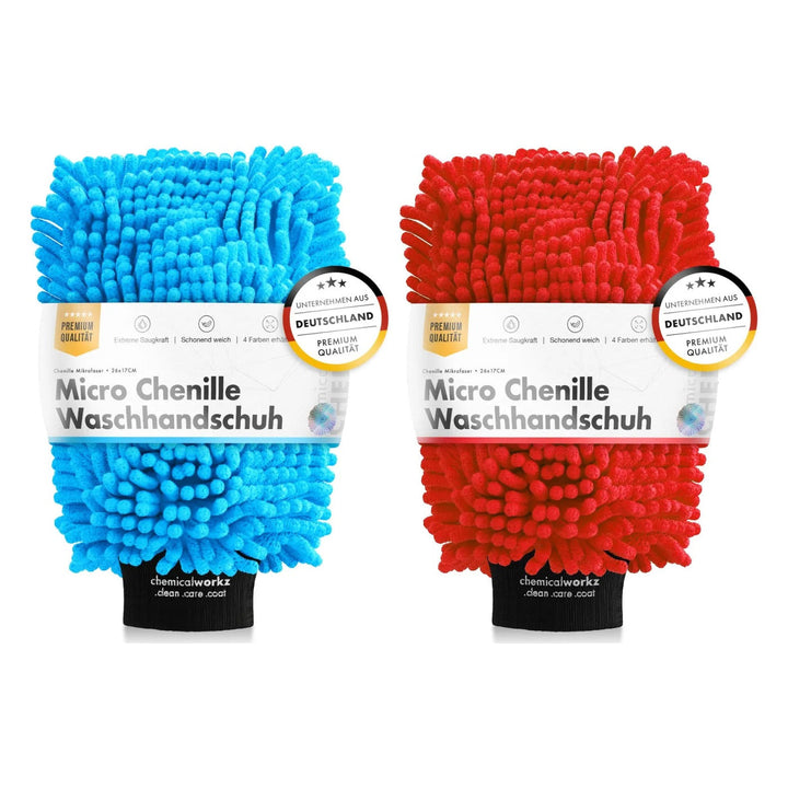 Chemicalworkz Chenille Waschhandschuh Auto in Blau und Rot – Mikrofaser Waschhandschuh kratzerfrei