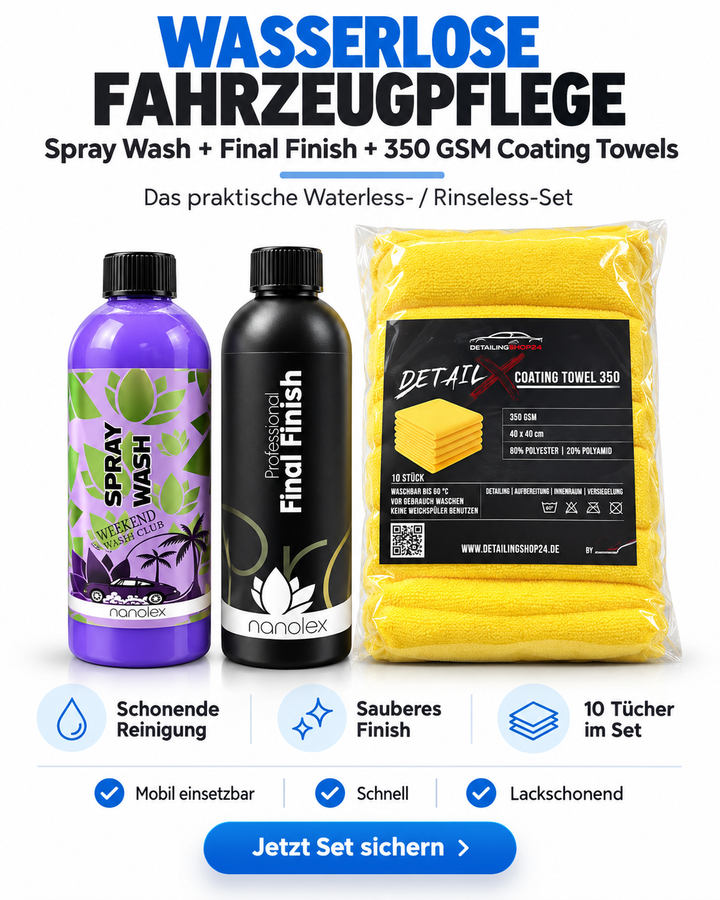 Nanolex Waterless Waschset – Spray Wash + Final Finish + Detail X 350 GSM Tücher