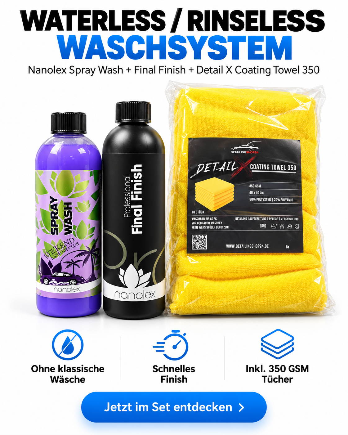 Nanolex Waterless Waschset – Spray Wash + Final Finish + Detail X 350 GSM Tücher