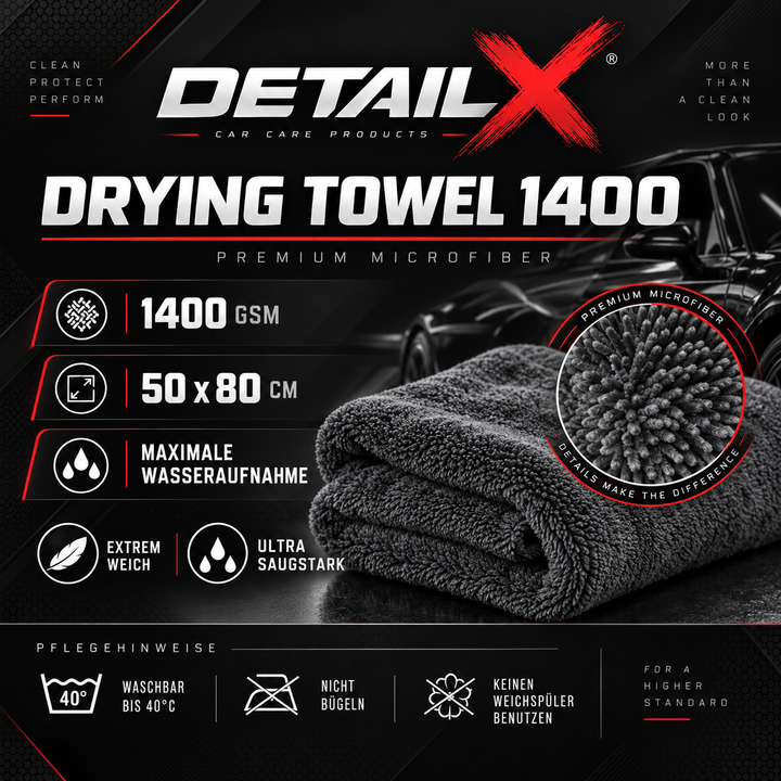 Detail X Premium Auto Trockentuch Mikrofaser 1400 GSM 80x50cm randlos