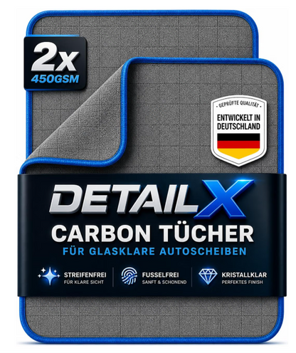 Detail X Carbon Glastücher – 2er Pack für streifenfreie Glasreinigung