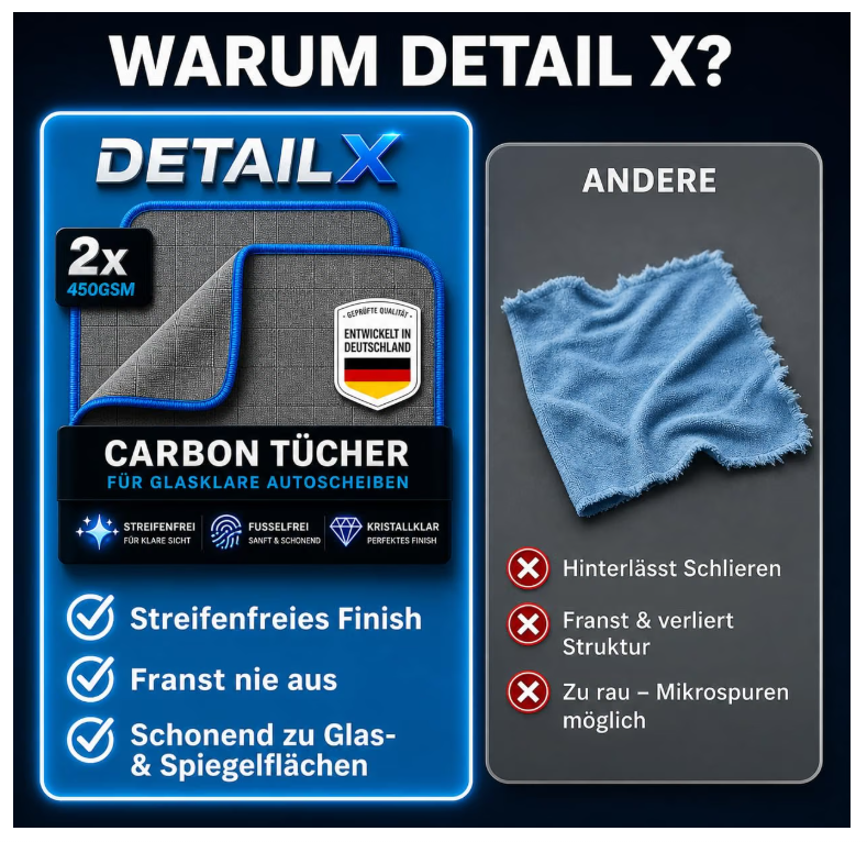 Detail X Carbon Glastücher – 2er Pack für streifenfreie Glasreinigung
