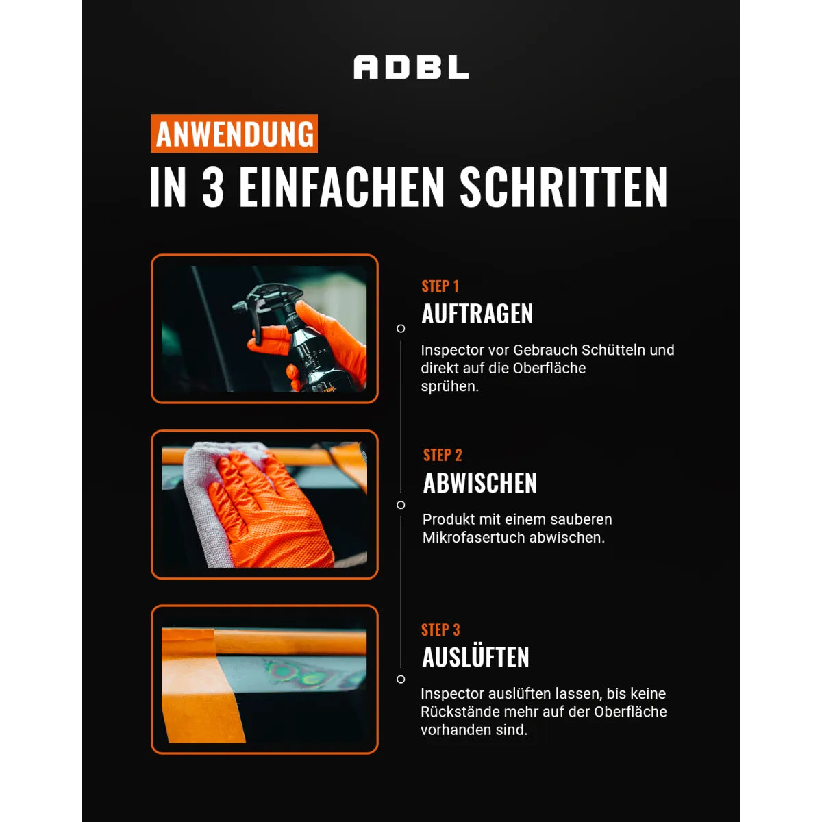 ADBL Inspector Anwendung in 3 einfachen Schritten – Auftragen, Abwischen, Auslüften
