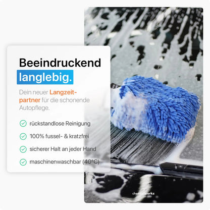 Detailaufnahme der Chenille-Mikrofaserfinger des blauen Waschhandschuhs