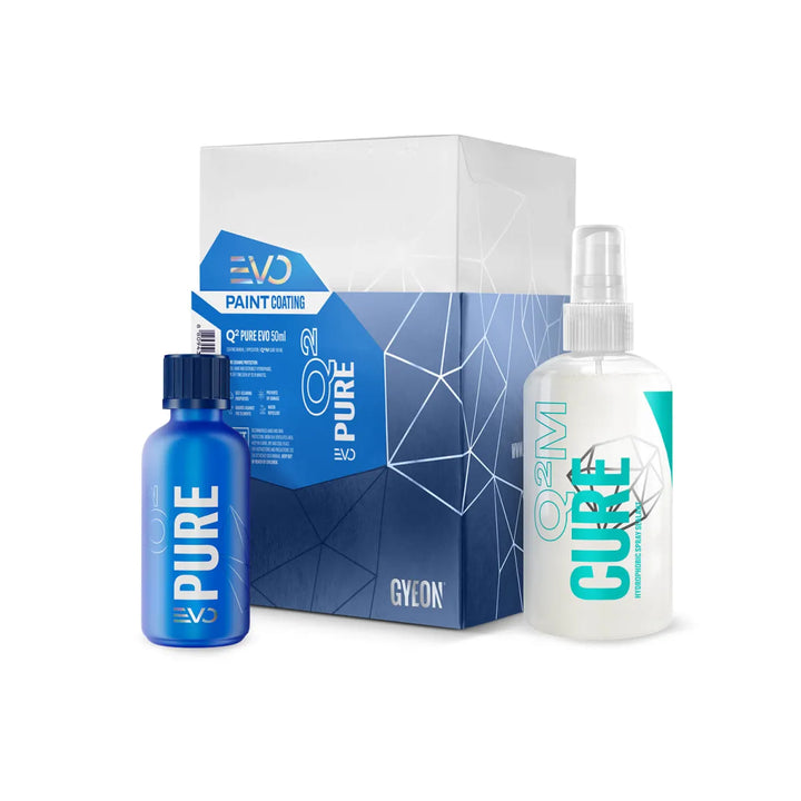 Gyeon Q² Pure EVO Keramikversiegelung 50ml Set mit Q²M Cure Detailer und Verpackung