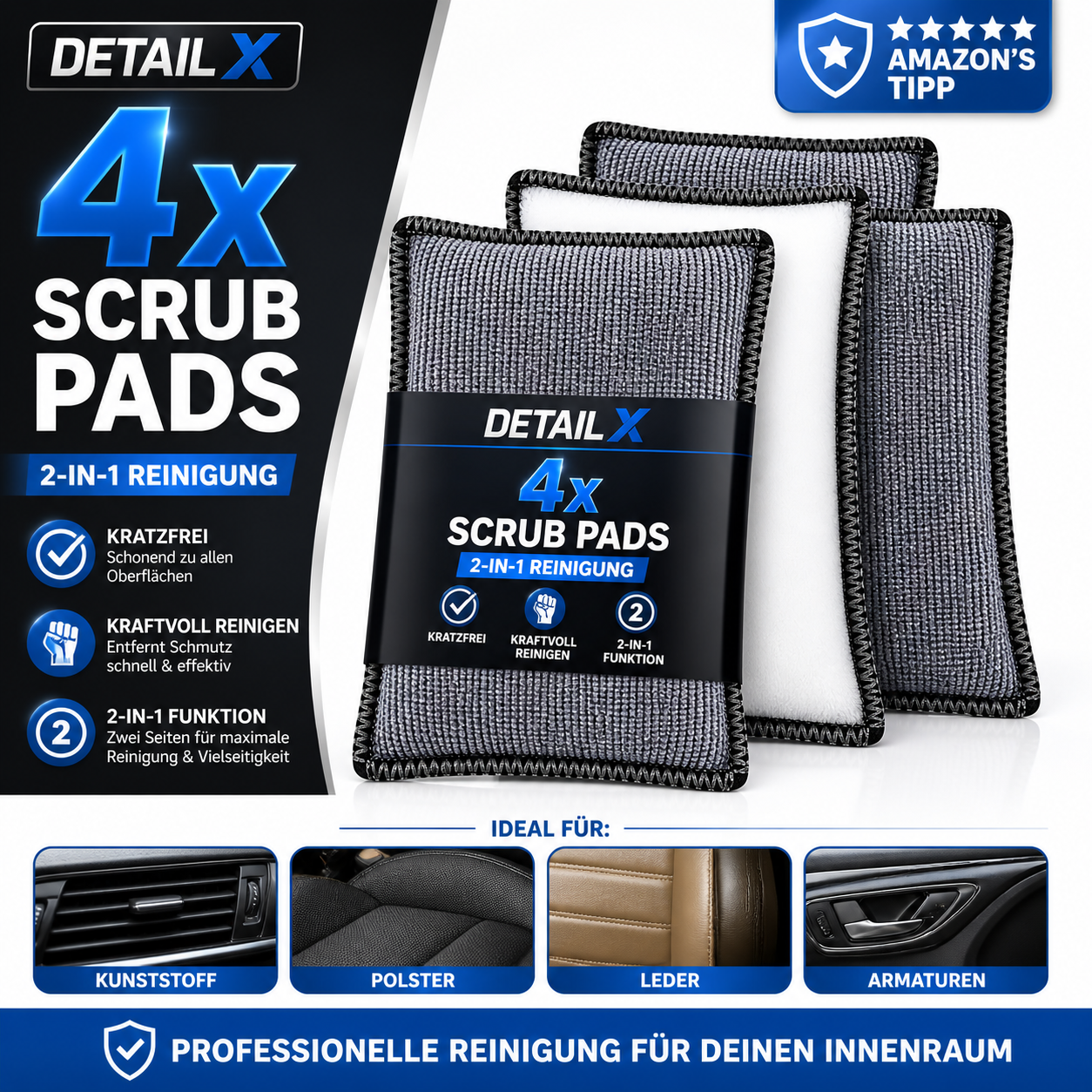 Detail X Innenraum Scrub Pad 4er Set Auto Reinigungspads für Kunststoff Leder – Produktansicht 2