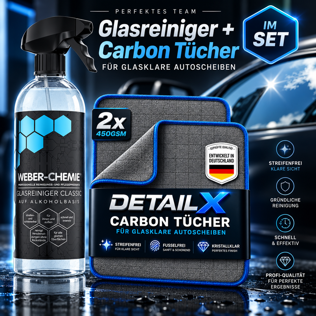 Weber Chemie Glasreiniger + Detail X Carbon Tücher – Autoglas Reinigungsset