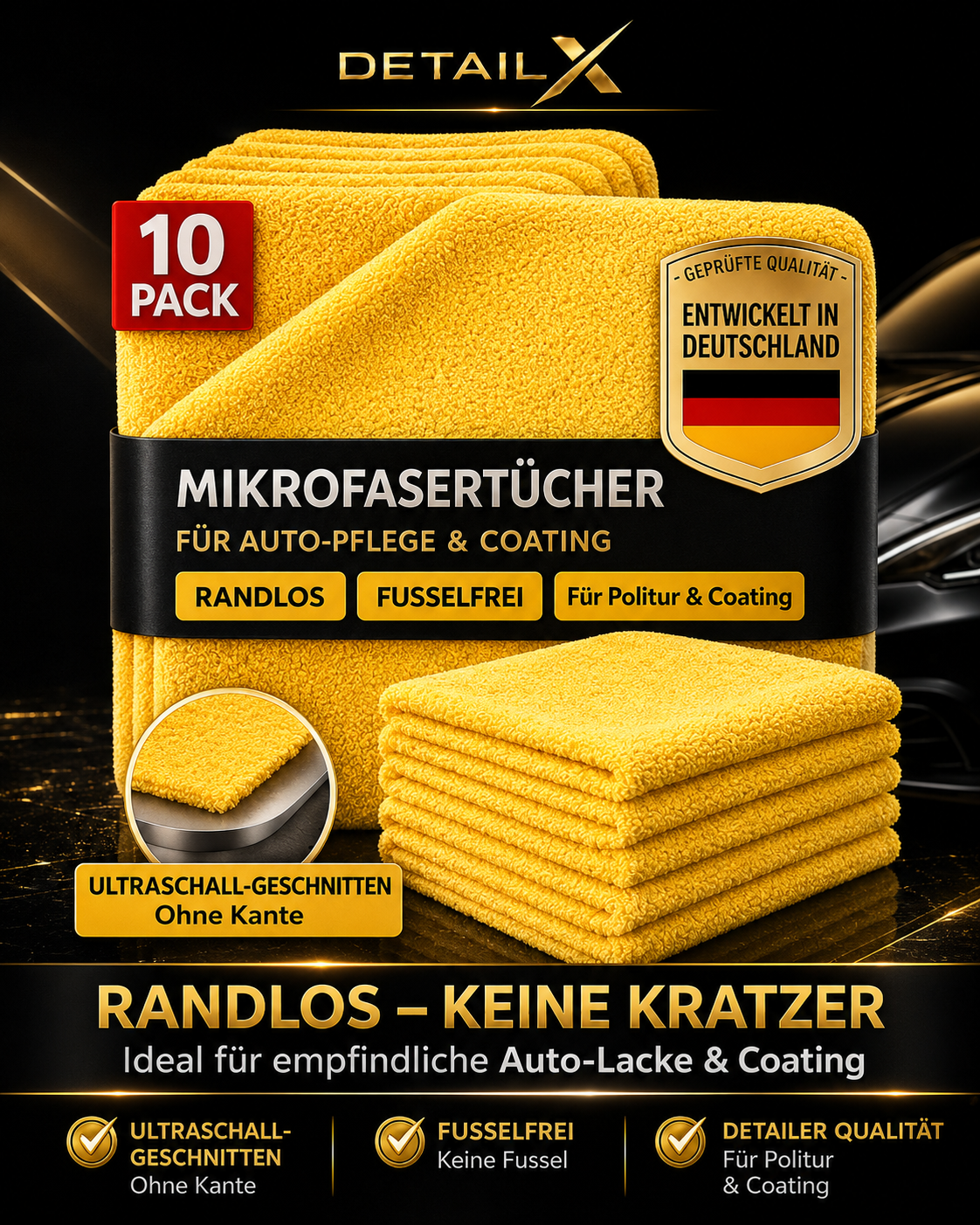 Detail X Mikrofasertücher 10er Set – 350 GSM Poliertücher 40×40 cm für Autopflege, Politur – Produktansicht 2