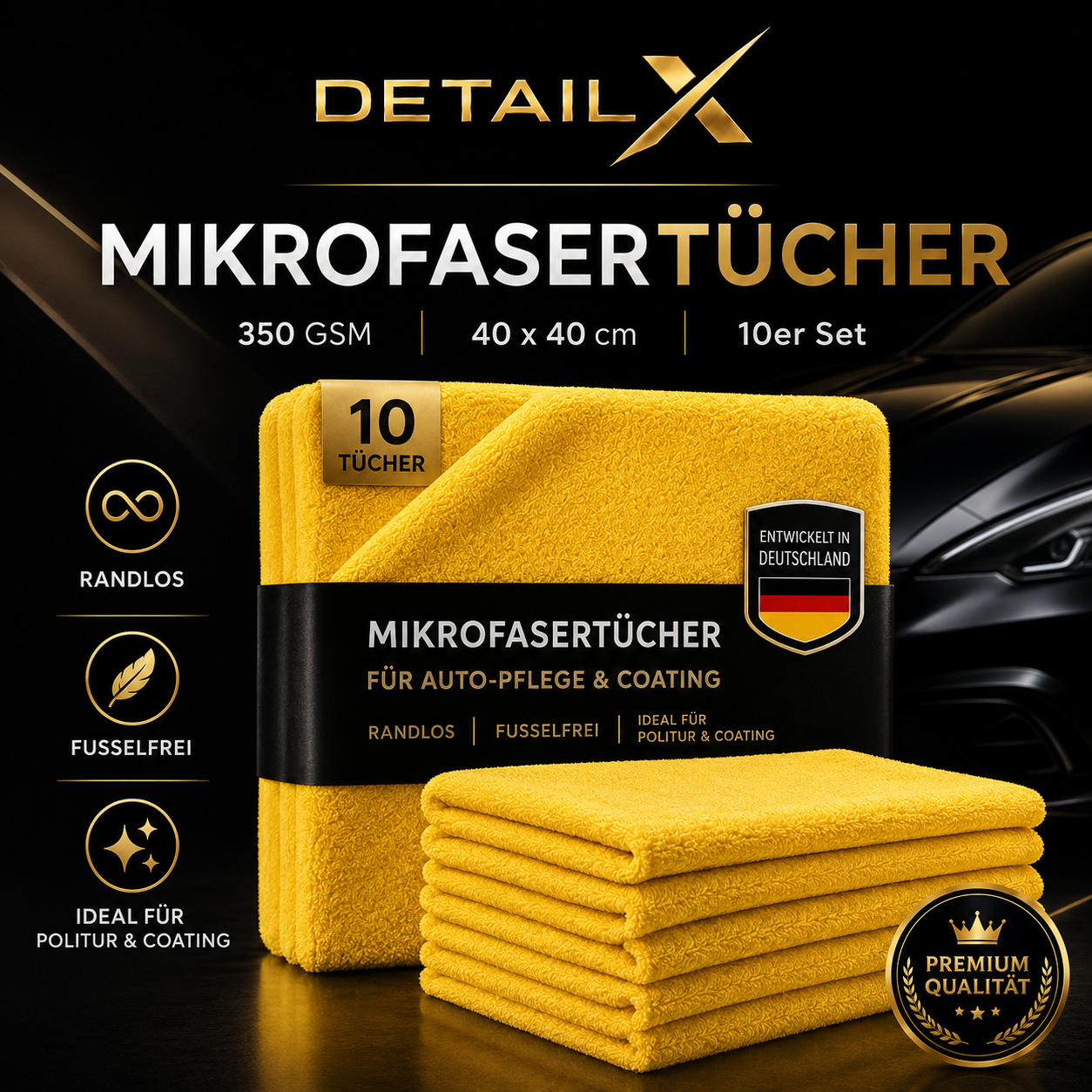 Detail X Mikrofasertücher 10er Set – 350 GSM Poliertücher 40×40 cm für Autopflege, Politur und Keramikversiegelung