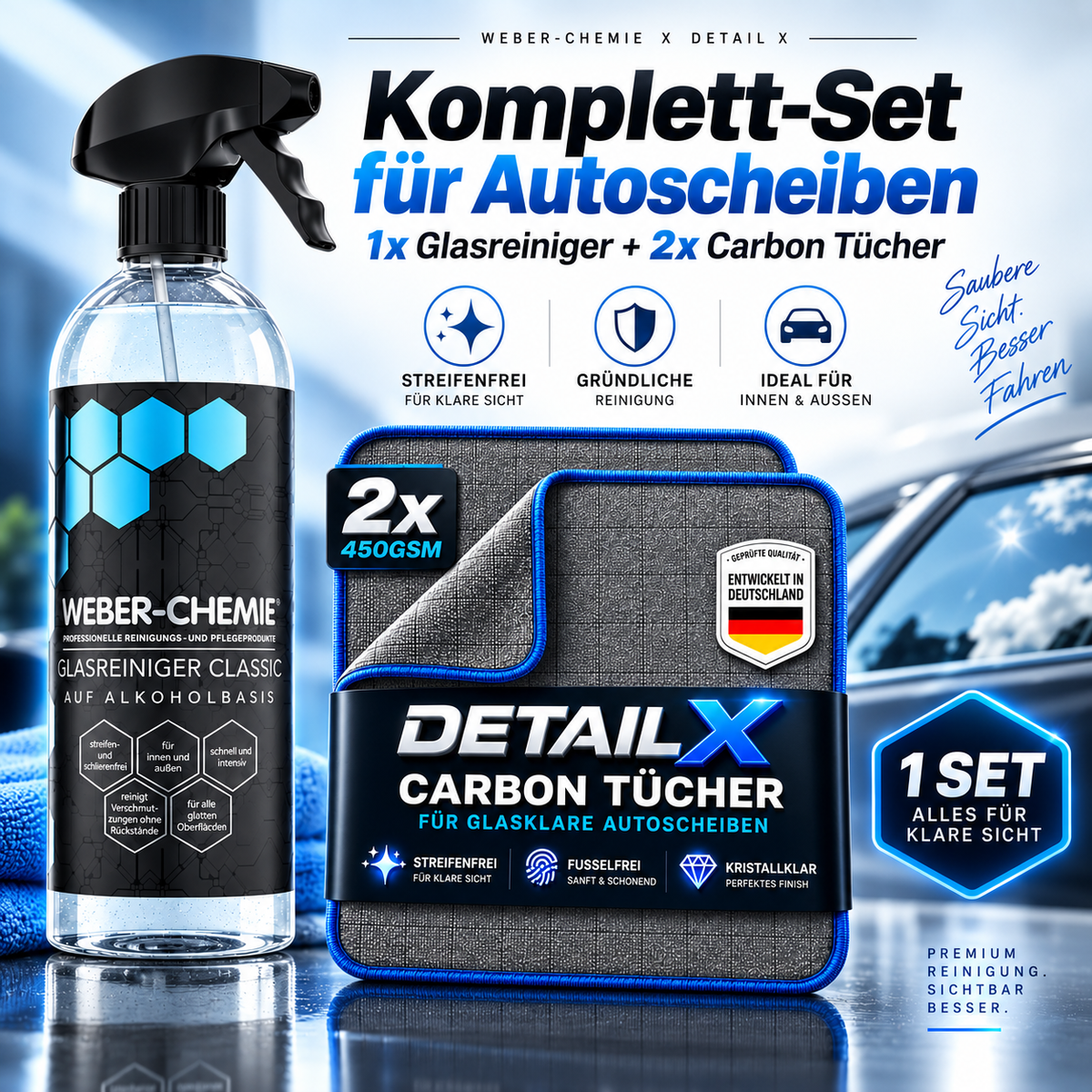 Weber Chemie Glasreiniger + Detail X Carbon Tücher – Autoglas Reinigungsset