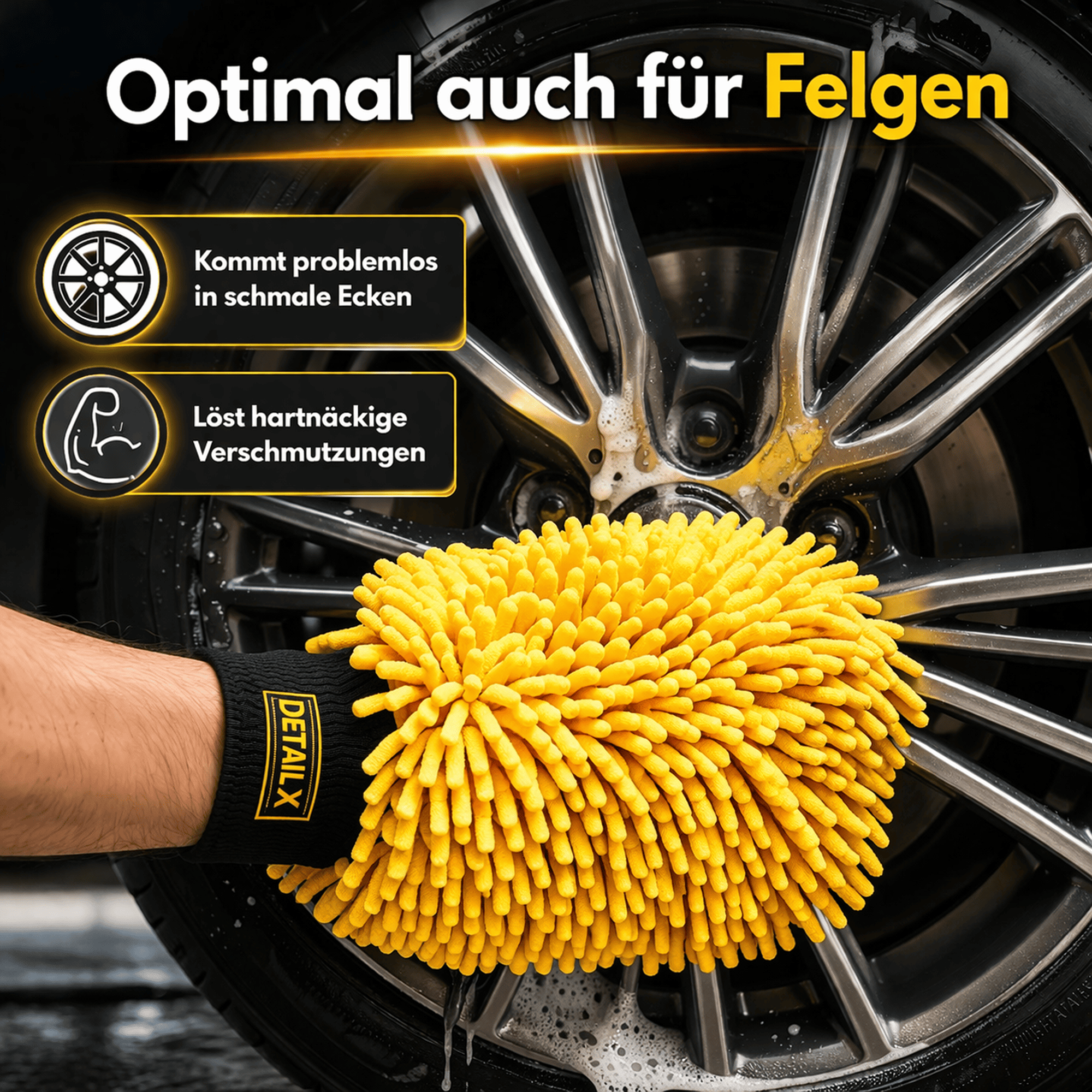Waschhandschuh auch für Felgen und schmale Ecken